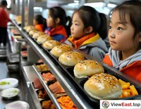 In the school cafeteria, students are lining up to buy Rou Jia Mo as a delicious snack to satisfy their hunger between classes.