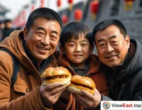 Under the ancient city wall of Xi'an, a family is gathered, sharing a few freshly bought Rou Jia Mo, with happy smiles on their faces.