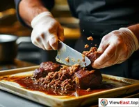 A chef in the kitchen is chopping the stewed meat, ready to stuff it into freshly baked buns, with juices flowing.