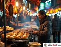  In a bustling night market, a vendor is grilling buns on a grill, preparing to make Rou Jia Mo, with customers eagerly waiting nearby.