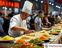 At a food festival's Shaanxi exhibition area, a chef is making Liang Pi on the spot, attracting a crowd of onlookers.