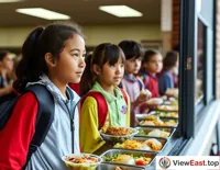 At the school cafeteria window, students are lining up to buy Liang Pi for lunch.