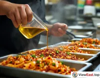 In the kitchen of a snack shop, a chef is pouring chili oil over just prepared Liang Pi, filling the air with fragrance.