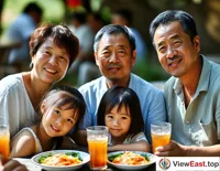  On a hot summer day outdoors, a family is gathered around enjoying the cool refreshment of Liang Pi.