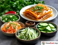 On a home dining table, a bowl of Liang Pi is adorned with bright red peppers and green cucumber, looking very inviting.