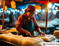  In a bustling night market, a vendor is slicing freshly steamed Liang Pi, ready to add a variety of seasonings.