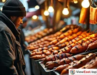 In front of a roasted sweet potato stall on the snack street, a customer is selecting sweet potatoes that are roasted just right.