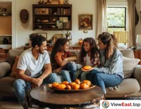 In the living room at home, the family gathers on the sofa, sharing freshly roasted sweet potatoes, creating a warm and joyful atmosphere.