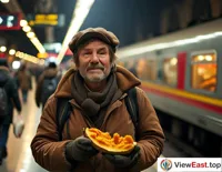 At a busy train station, a traveler holds a roasted sweet potato, eating while walking, warming the mood of the journey.