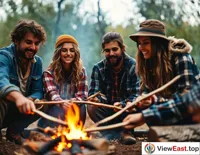 During an outdoor camping trip, friends gather around the bonfire, roasting sweet potatoes on sticks, enjoying the camping fun.