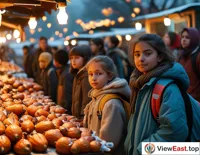 At the school gate, students crowd around a stall to buy roasted sweet potatoes as a hand warmer against the cold after school.