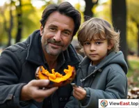 In the leisure area of the park, a father holds a roasted sweet potato and peels off the blackened skin to feed his child beside him.
