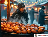 On a winter street, a vendor pushes a roasting cart piled with roasted sweet potatoes, the steaming sweet potatoes emit an enticing aroma.