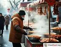 At a food festival stall, the aroma of liver stir-fry attracts a long line of food enthusiasts waiting to taste it.