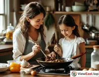 In a cozy home kitchen, a mother is teaching her daughter how to season liver stir-fry, and the daughter is studying diligently.