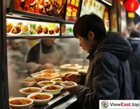  A customer at a busy snack shop window receives a bowl of liver that emits an enticing aroma.