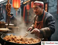In the alleys of old Beijing, a traditional snack vendor is enthusiastically stir-frying liver, with a steaming aroma.