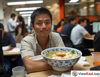 In a busy office, an employee enjoys a bowl of tofu pudding during a lunch break as an energy boost for the day.