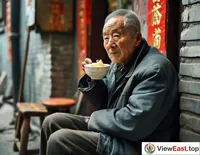 In a Beijing alley, an elderly man sits at the entrance of his home, leisurely enjoying tofu pudding, savoring the tranquility of the morning.