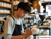 In a modern coffee shop, a young person is trying to pair tofu pudding with coffee, creating a new breakfast combination.