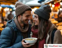 At an outdoor weekend market, a couple shares a bowl of tofu pudding, chatting sweetly with each other.