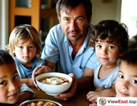 At the breakfast table at home, a father is serving tofu pudding for the children, who can't wait to take a bite.