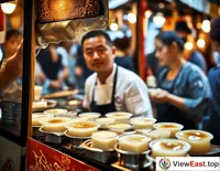 At a food festival stall, a chef is demonstrating how to remove tofu pudding from the mold in front of a crowd of onlookers.