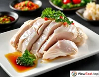 A plate of freshly cooked Cantonese White Cut Chicken with golden skin and tender meat, elegantly arranged on a white porcelain plate, garnished with verdant cilantro and green onions, making one's mouth water.
