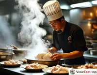 A chef meticulously prepares White Cut Chicken in the kitchen, intently placing the chicken into boiling water, with steam rising and aromas wafting, heralding the birth of a delicious dish.
