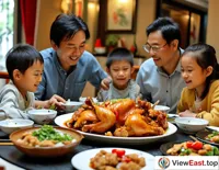On the festive dining table, White Cut Chicken serves as the main course, with a shiny appearance and delicate texture, complementing the smiling faces of family members, conveying the warmth and joy of the holiday.