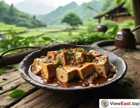 At a Sichuan agritourism spot, a plate of Mapo Tofu is placed on a rustic wooden table, surrounded by lush green pastoral scenery, allowing one to enjoy the delicious food while also feeling the freshness of n