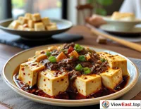 On the family dining table, a homemade plate of Mapo Tofu exudes an enticing spicy aroma, with family members gathered around, their faces filled with contentment, sharing this delicious home-cooked meal.