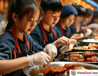 In a cooking class, students are learning to make Braised Pork Belly, attentively mixing sauces as the meat cubes slowly turn glossy in the pot.