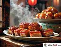 In a Shanghai alley, a just-cooked Braised Pork Belly in the display window of an old shop steams with an enticing color.