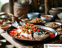 In a Hunan farmhouse, the red spicy fish head stands out among a bountiful table of country dishes.