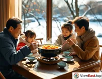Under the warm winter sun, a family gathers around a table to share a pot of Jiangsu braised pork balls, feeling the warmth of home.