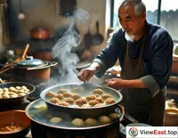In a Jiangsu village kitchen, an old chef carefully stews pork balls, emitting an enticing aroma.
