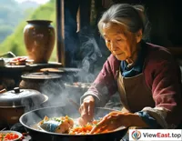 In a Zhejiang farmhouse, an elderly woman carefully cooks West Lake vinegar fish, filling the air with the fragrance of fish and vinegar.
