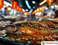 At a bustling night market, the aroma of West Lake vinegar fish drifts through the air, attracting food lovers.