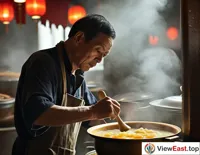 In a time-honored Fujian restaurant, a master chef meticulously prepares Buddha Jumps Over the Wall, embodying tradition and craftsmanship.