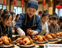 In a Jiangxi cooking class, the teacher instructs on how to make Sanbei Chicken, with students attentively learning the culinary techniques of this traditional dish.