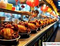 At a Jiangxi night market food street, a long queue forms at the Sanbei Chicken stall, where diners are attracted by its unique fragrance.