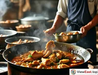 In a Jiangxi farmhouse kitchen, a chef cooks Sanbei Chicken traditionally, the chicken simmers in a rich sauce, emitting an appetizing aroma.