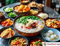 At a Yunnan tourist spot, bowls of colorful Cross-Bridge Rice Noodles are set on outdoor tables, a must-try delicacy for visitors.