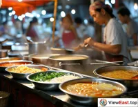 At a bustling market, a vendor makes Cross-Bridge Rice Noodles on the spot, with fresh ingredients and the aroma of hot broth drawing a crowd.
