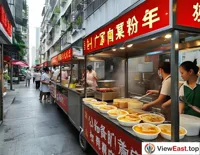 Near an office building in Guangdong, a Cheong fun breakfast cart has a long line of office workers waiting for a convenient morning meal.