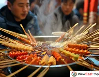 In a Sichuan street-side shop, customers sit around a steaming Chuan Chuan Xiang pot, picking their favorite skewers, enjoying authentic Sichuan flavor.