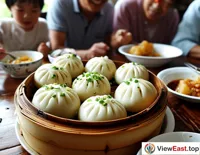 At a Shanghai family gathering, family members sit together, sharing homemade soup dumplings, creating a joyful atmosphere.