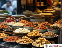 In a Hunan tourist area, a stinky tofu shop's window displays tofu with various seasonings, drawing curious glances from tourists.