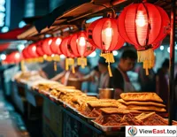 At a Changsha night market, red lanterns light up the queues in front of stinky tofu stalls, where the unique stinky aroma attracts diners.
